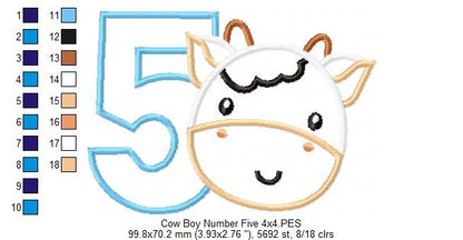 Cow Boy Number 5 Five 5th Birthday - Applique