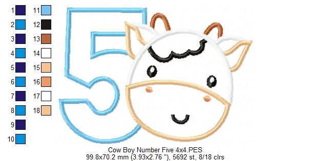 Cow Boy Number 5 Five 5th Birthday - Applique
