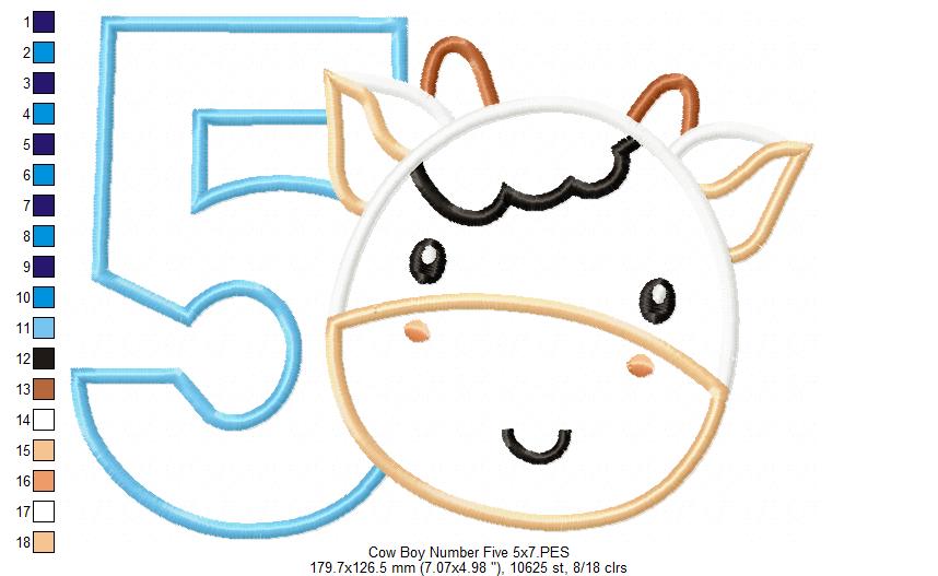Cow Boy Number 5 Five 5th Birthday - Applique