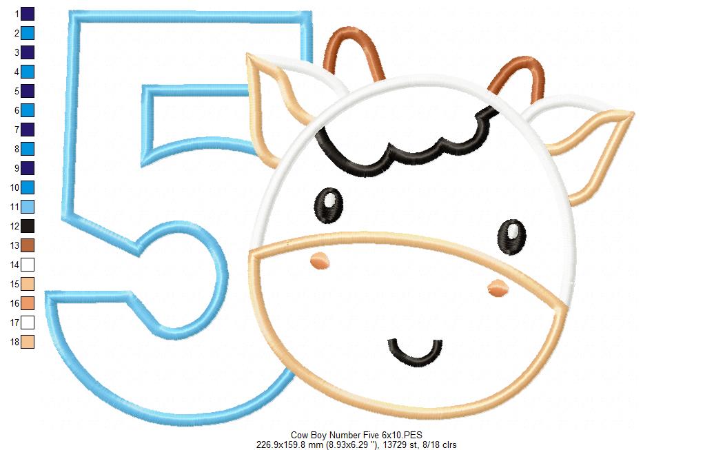 Cow Boy Number 5 Five 5th Birthday - Applique