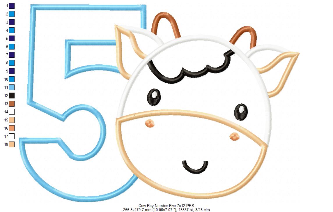 Cow Boy Number 5 Five 5th Birthday - Applique