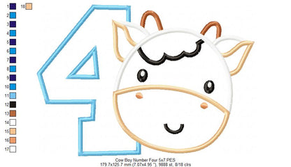 Cow Boy Number 4 Four 4th birthday - Applique