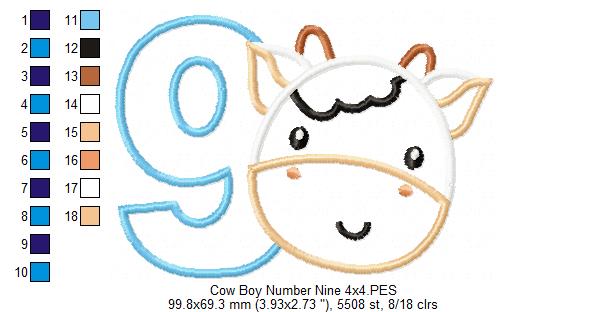 Cow Boy Number 9 Nine 9th Birthday - Applique