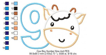 Cow Boy Number 9 Nine 9th Birthday - Applique