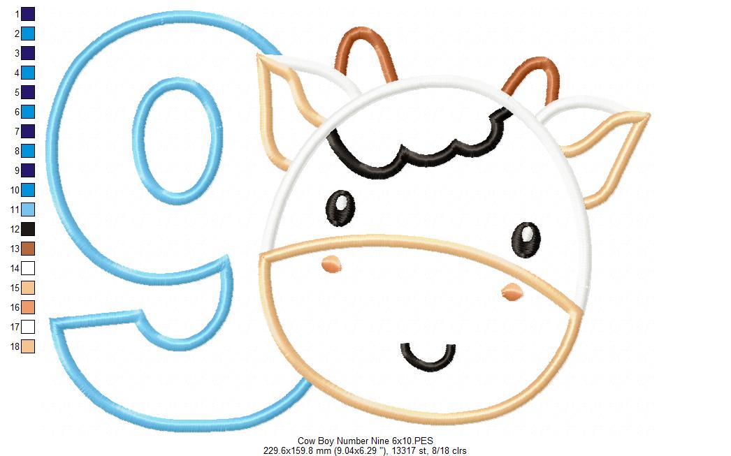 Cow Boy Number 9 Nine 9th Birthday - Applique