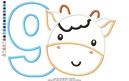 Cow Boy Number 9 Nine 9th Birthday - Applique