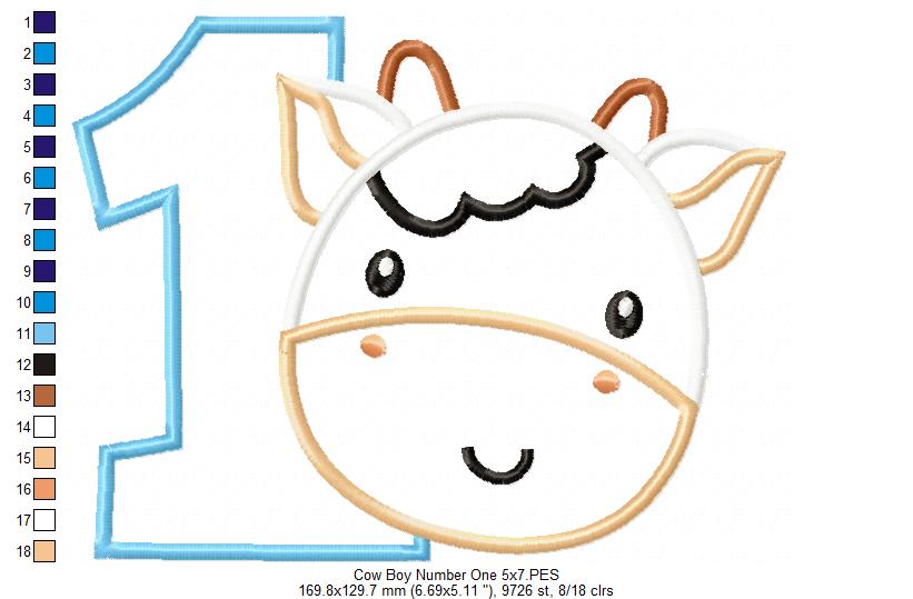 Cow Boy Number 1 One 1st Birthday - Applique