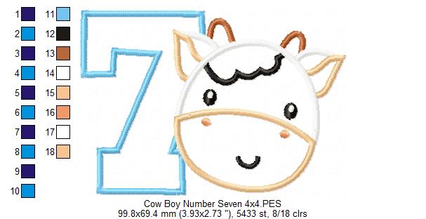 Cow Boy Number 7 Seven 7th Birthday - Applique