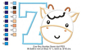Cow Boy Number 7 Seven 7th Birthday - Applique