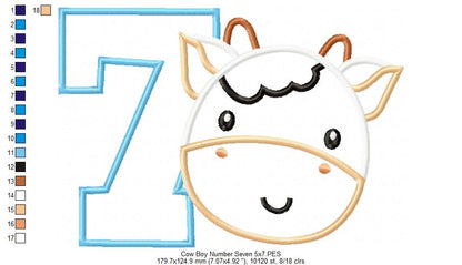 Cow Boy Number 7 Seven 7th Birthday - Applique