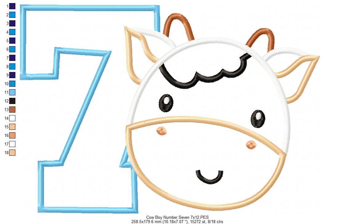 Cow Boy Number 7 Seven 7th Birthday - Applique