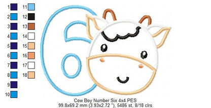 Cow Boy Number 6 Six 6th Birthday - Applique
