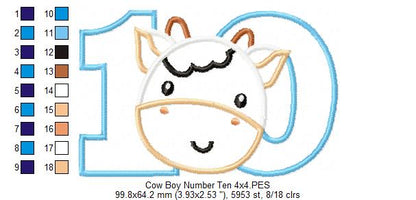 Cow Boy Number Ten 10 Tenth Birthday - Applique