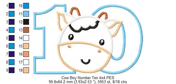 Cow Boy Number Ten 10 Tenth Birthday - Applique