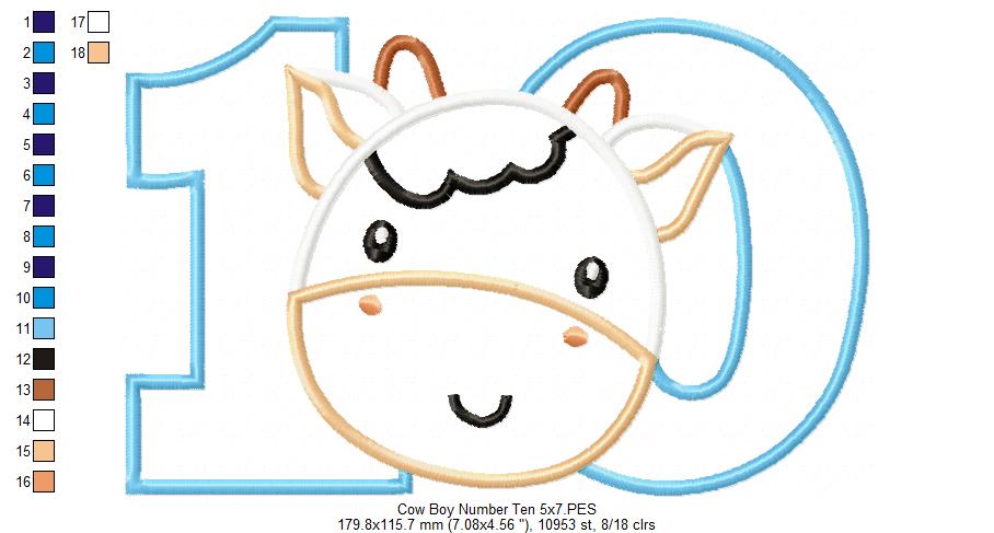 Cow Boy Number Ten 10 Tenth Birthday - Applique