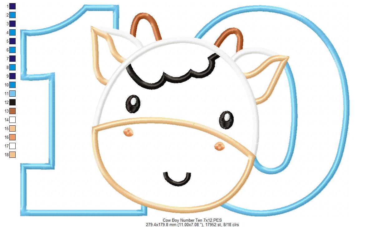 Cow Boy Number Ten 10 Tenth Birthday - Applique