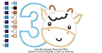Cow Boy Number 3 Three 3rd Birthday - Applique
