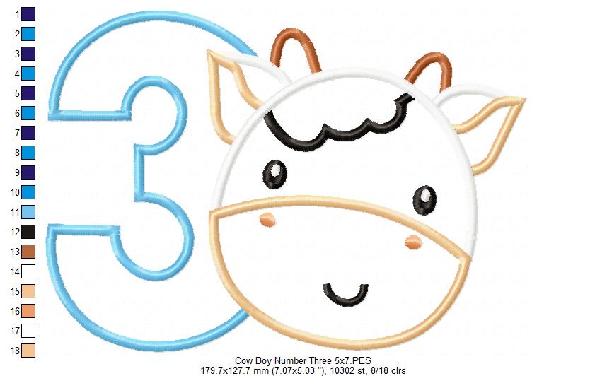Cow Boy Number 3 Three 3rd Birthday - Applique