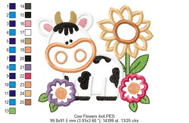 Farm Cow and Flowers - Applique - Machine Embroidery Design