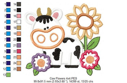 Farm Cow and Flowers - Applique - Machine Embroidery Design