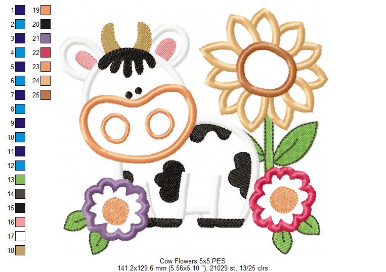Farm Cow and Flowers - Applique - Machine Embroidery Design