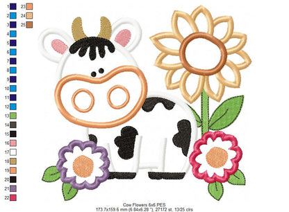 Farm Cow and Flowers - Applique - Machine Embroidery Design