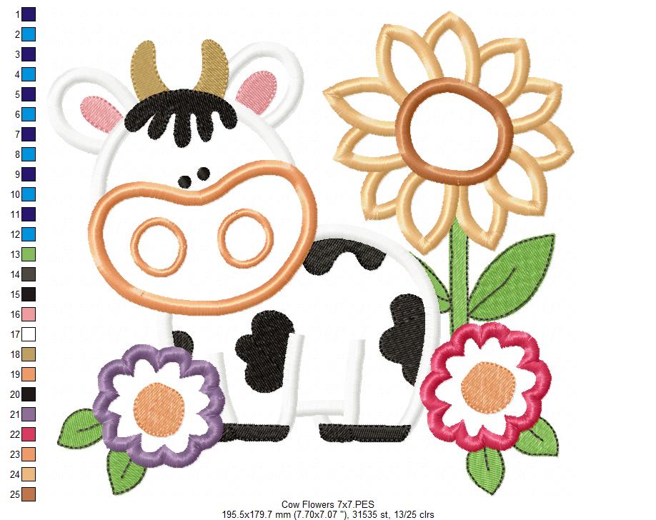 Farm Cow and Flowers - Applique - Machine Embroidery Design