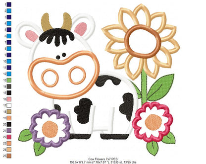 Farm Cow and Flowers - Applique - Machine Embroidery Design