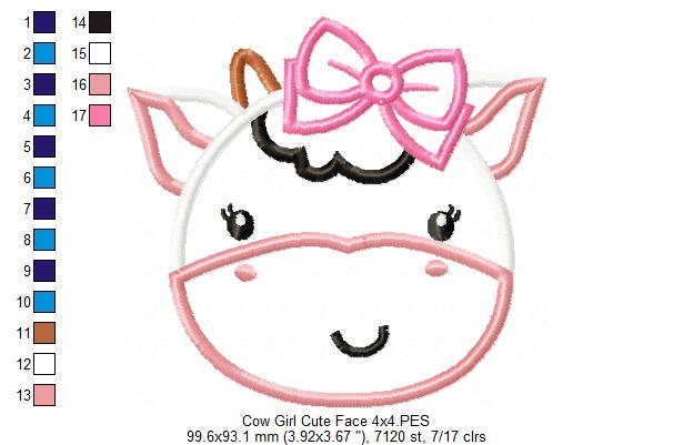 Cute Cow Girl Face - Applique - Machine Embroidery Design