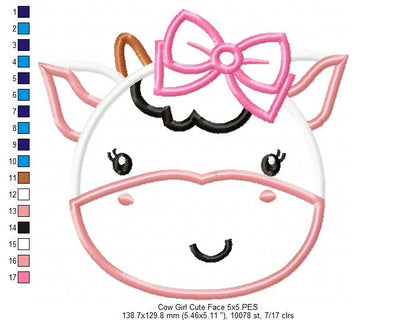 Cute Cow Girl Face - Applique - Machine Embroidery Design