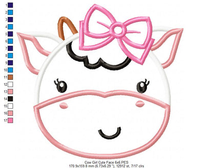 Cute Cow Girl Face - Applique - Machine Embroidery Design