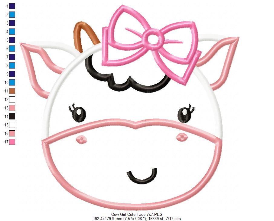Cute Cow Girl Face - Applique - Machine Embroidery Design