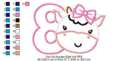 Cow Girl Number 8 Eight 8th Birthday - Applique