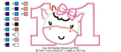 Cow Girl Number Eleven 11 Elenth Birthday - Applique