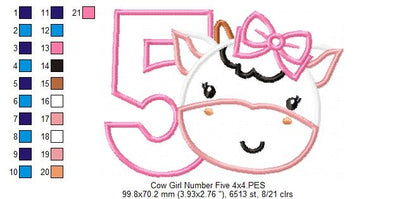 Cow Girl Number 5 Five 5th Birthday - Applique