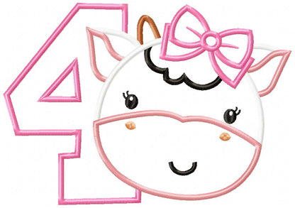 Cow Girl Number 4 Four 4th birthday - Applique