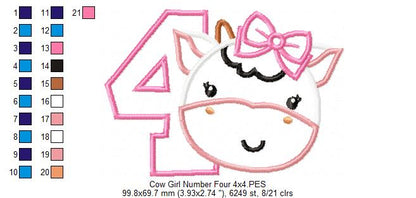 Cow Girl Number 4 Four 4th birthday - Applique