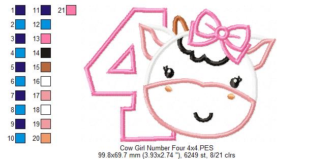 Cow Girl Number 4 Four 4th birthday - Applique