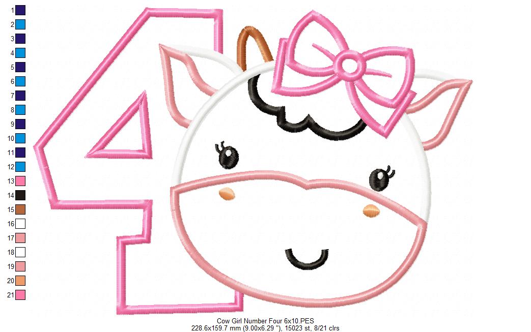 Cow Girl Number 4 Four 4th birthday - Applique