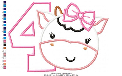 Cow Girl Number 4 Four 4th birthday - Applique