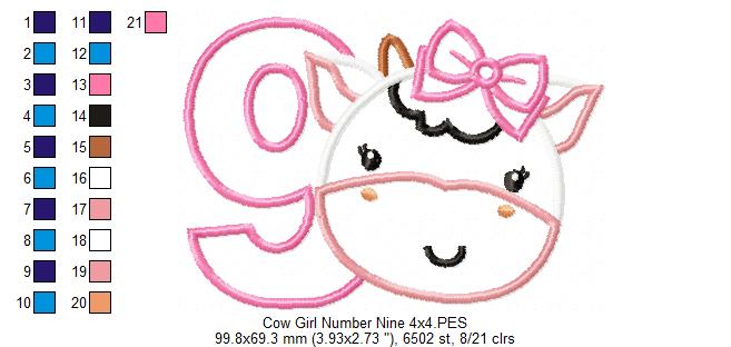 Cow Girl Number 9 Nine 9th Birthday - Applique