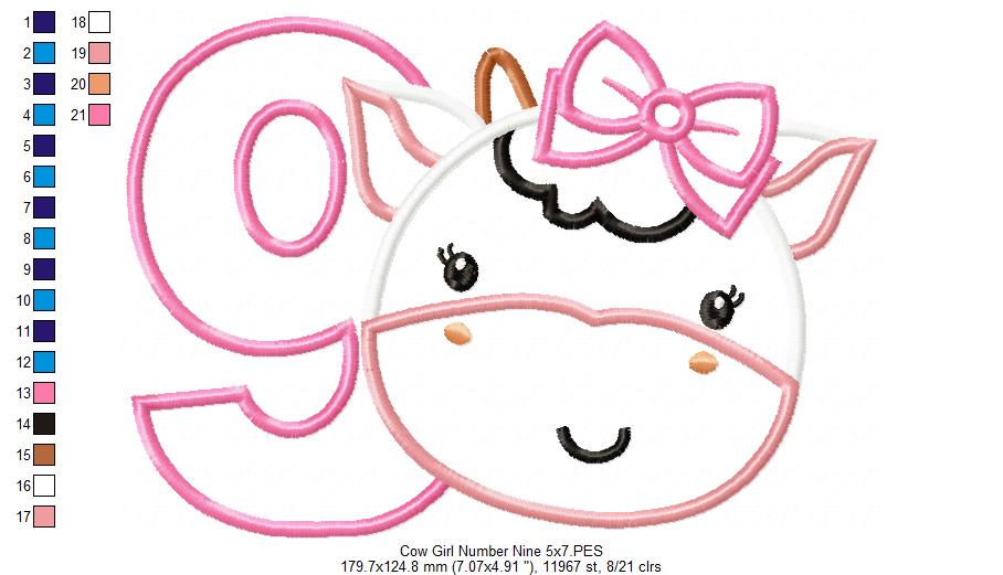 Cow Girl Number 9 Nine 9th Birthday - Applique