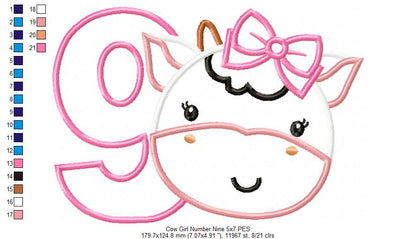 Cow Girl Number 9 Nine 9th Birthday - Applique