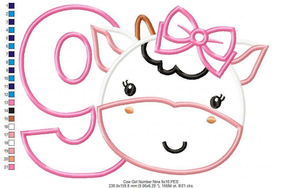 Cow Girl Number 9 Nine 9th Birthday - Applique