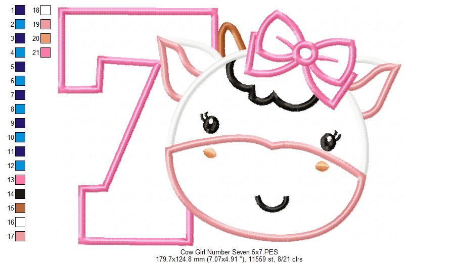 Cow Girl Number 7 Seven 7th Birthday - Applique