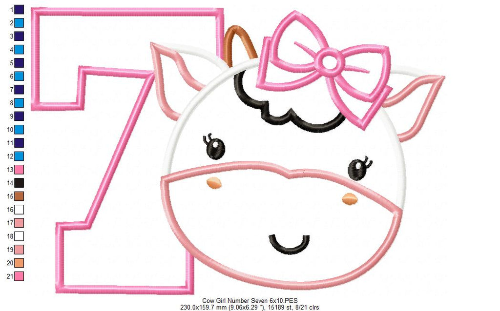 Cow Girl Number 7 Seven 7th Birthday - Applique