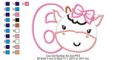 Cow Girl Number 6 Six 6th Birthday - Applique