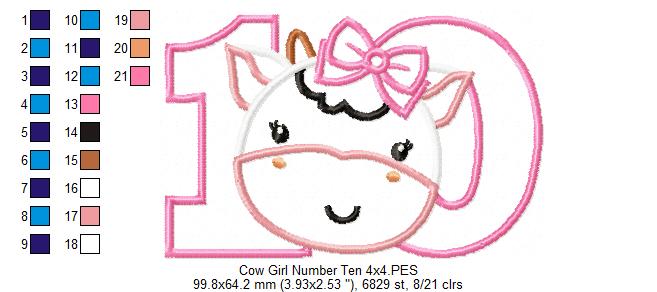 Cow Girl Number Ten 10 Tenth Birthday - Applique