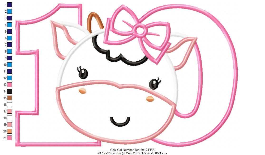 Cow Girl Number Ten 10 Tenth Birthday - Applique