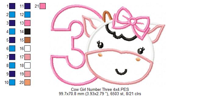 Cow Girl Birthday Number 3 Three 3rd Birthday - Applique